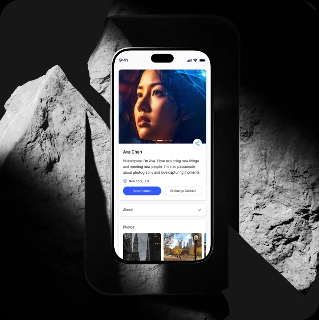 Edeal mobile NFC interface on a phone surrounded by dark sculptural stones