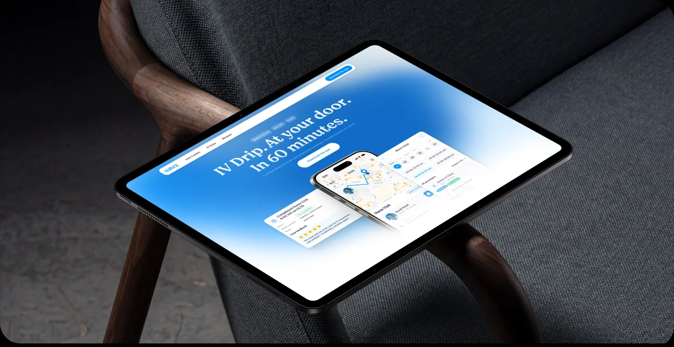 Tablet mockup of an on-demand IV therapy product, displayed on a dark chair